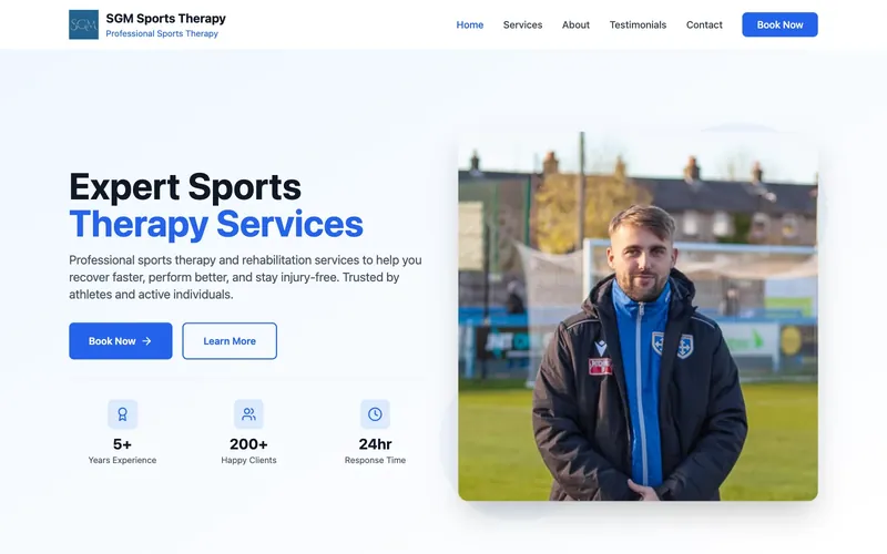 Home page of the SGM Sports Therapy website, with a blue and white design, the headline "Expert Sports Therapy Services" and a photo of the therapist on a football pitch