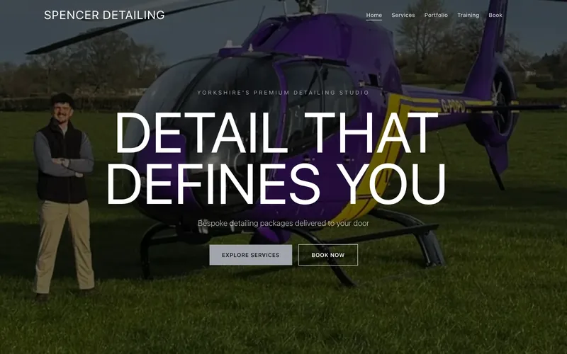 Home page of the Spencer Detailing website, with a large photo of a purple helicopter, the headline "Detail that defines you" and buttons to explore services and book